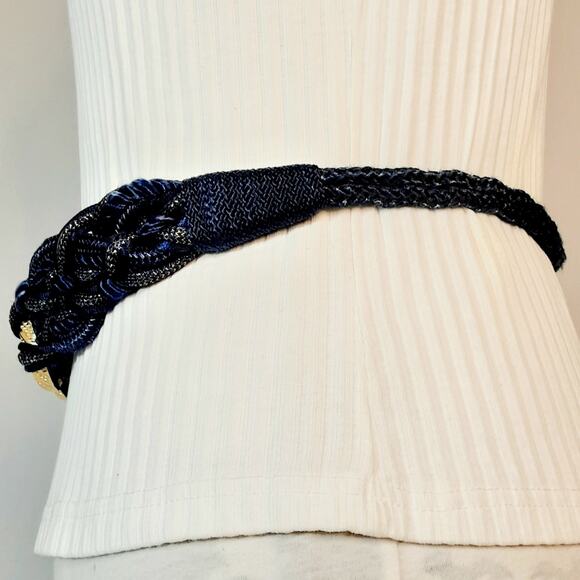 Corded Tapestry Belt Navy Blue Gold Tone 28 Waist Non Adjustable Hook Closure - Picture 2 of 12